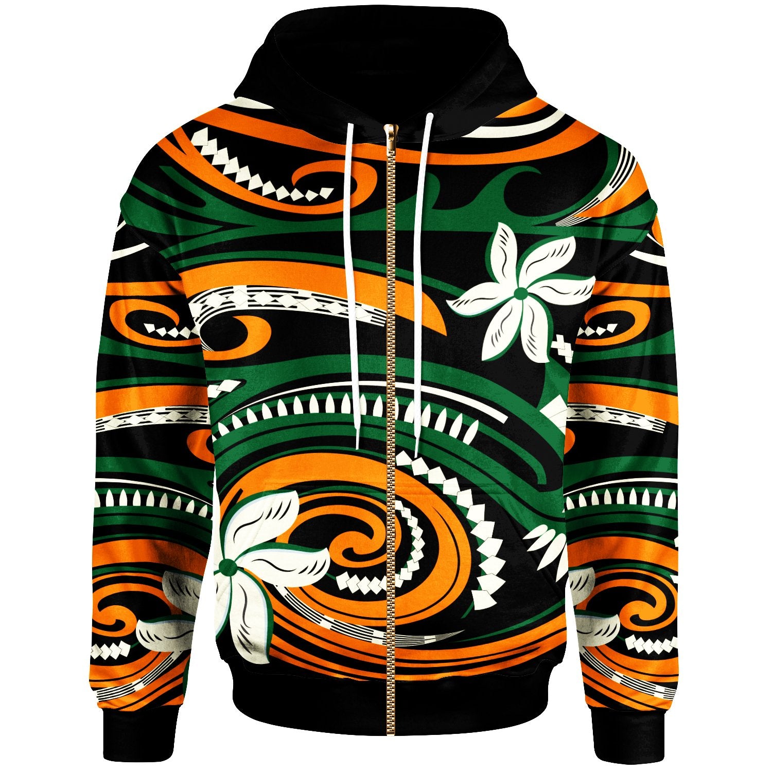 Polynesian Zip up Hoodie Vortex Style Unisex Green Orange - Polynesian Pride