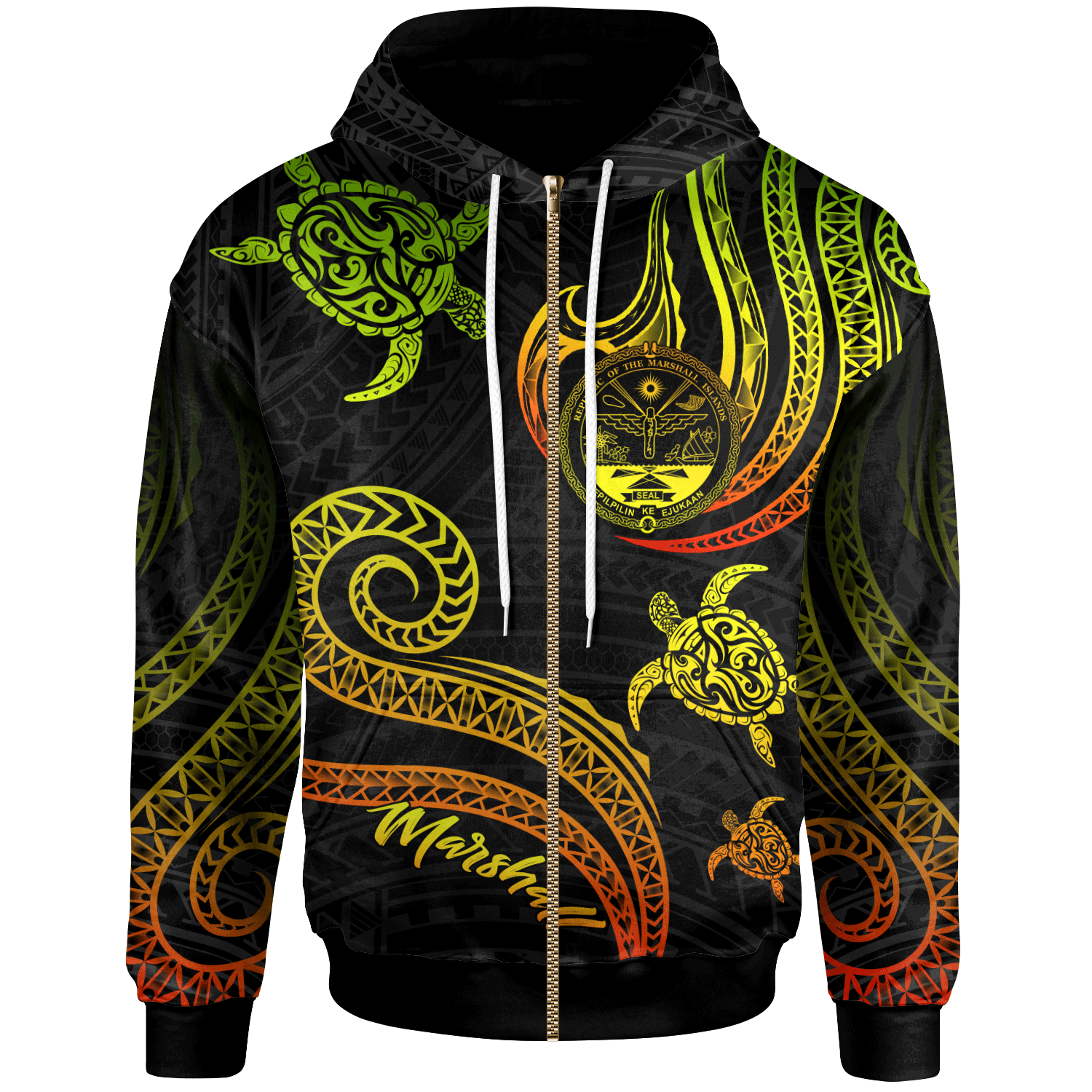 Marshall Islands Zip Hoodie Polynesian Turtle With Pattern Reggae Unisex Reggae - Polynesian Pride