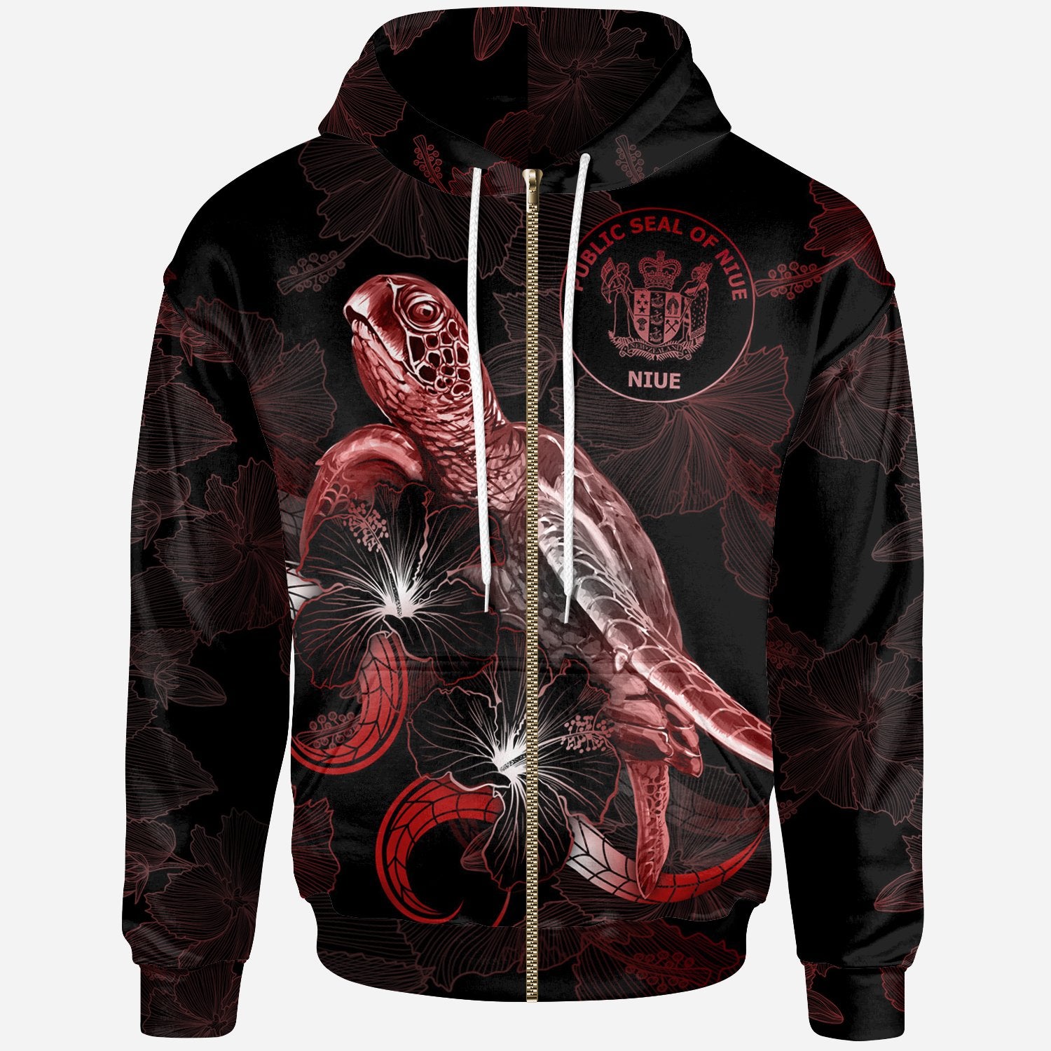 Niue Polynesian Zip up Hoodie Turtle With Blooming Hibiscus Red Unisex Red - Polynesian Pride