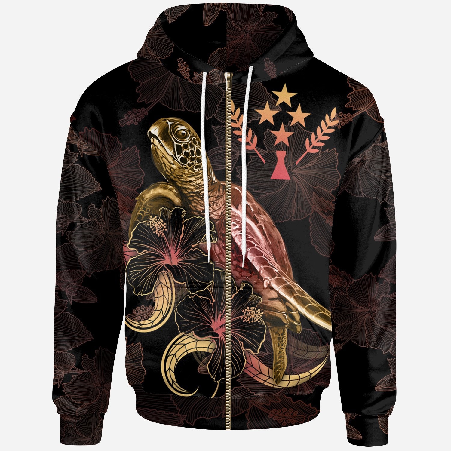 Kosrae Polynesian Zip up Hoodie Turtle With Blooming Hibiscus Gold Unisex Gold - Polynesian Pride