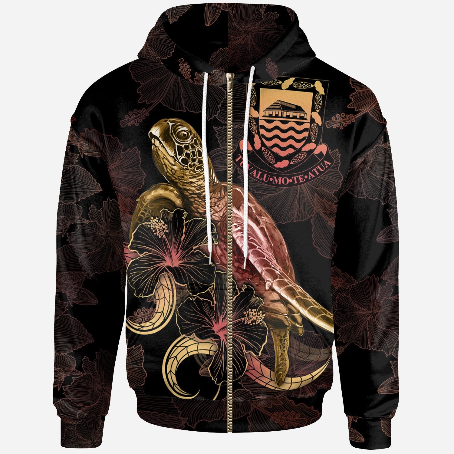 Tuvalu Polynesian Zip up Hoodie Turtle With Blooming Hibiscus Gold Unisex Gold - Polynesian Pride