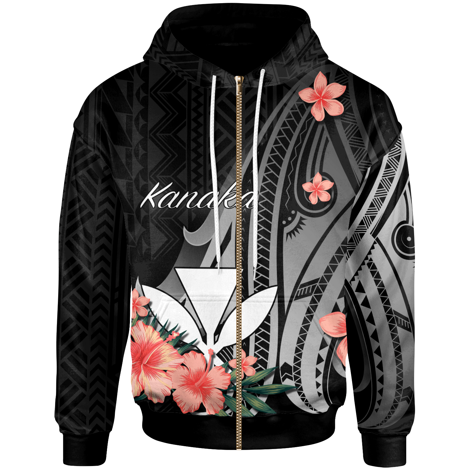 Kanaka Maoli Zip Hoodie Polynesian Hibiscus Pattern Style Unisex Black - Polynesian Pride