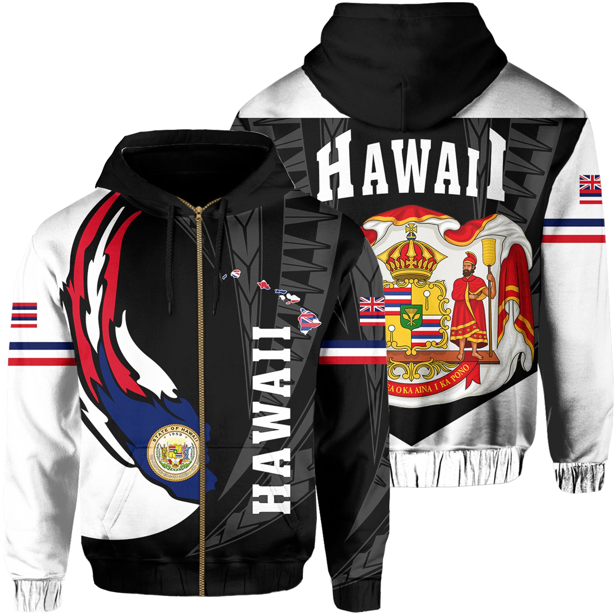 Hawaii Polynesian Coat of Arms Hoodie Zip Ball Style Unisex Black - Polynesian Pride