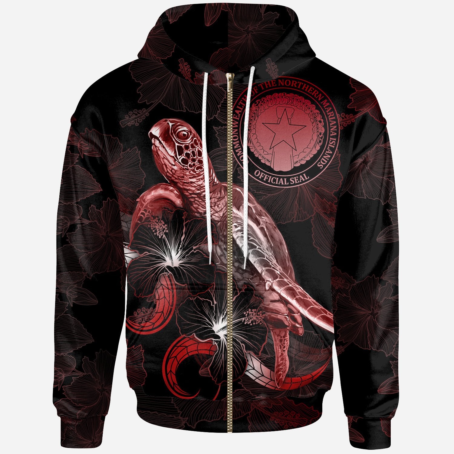 CNMI Polynesian Zip up Hoodie Turtle With Blooming Hibiscus Red Unisex Red - Polynesian Pride