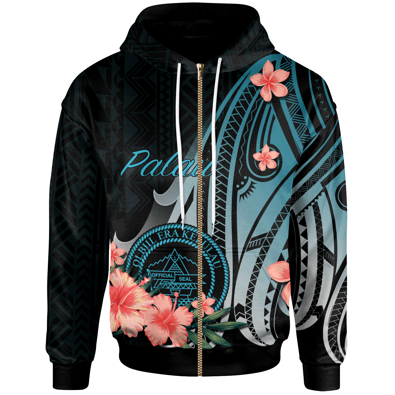 Palau Zip Hoodie Turquoise Polynesian Hibiscus Pattern Style Unisex Turquoise - Polynesian Pride