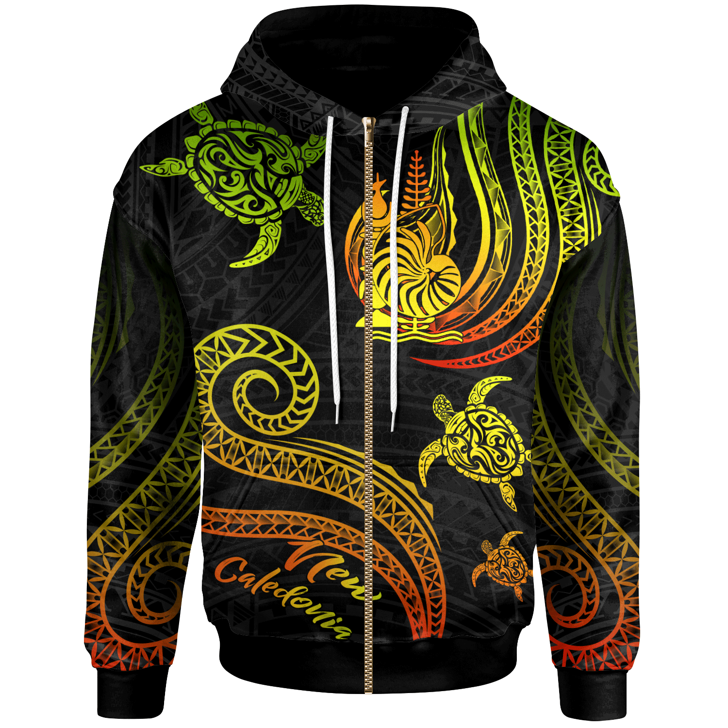 New Caledonia Zip Hoodie Polynesian Turtle With Pattern Reggae Unisex Reggae - Polynesian Pride