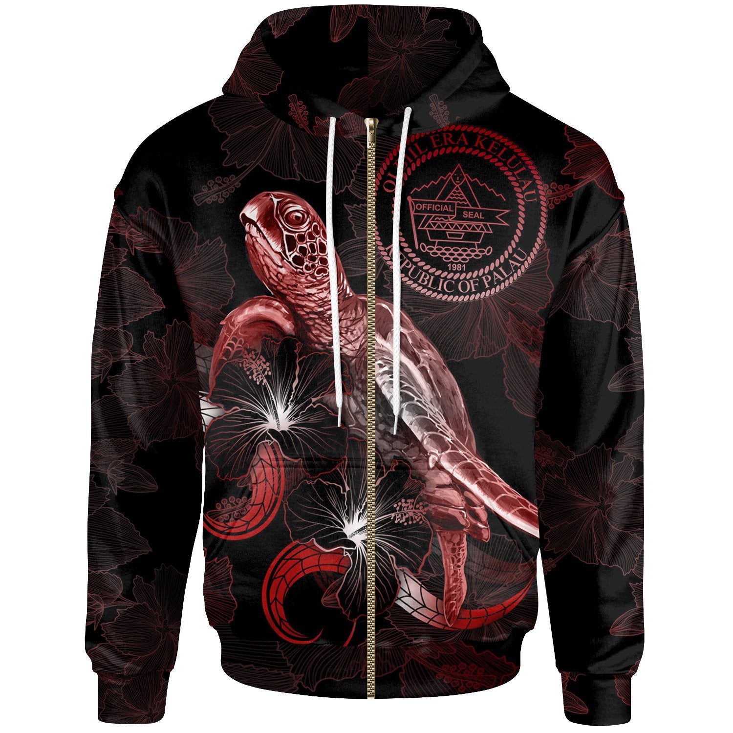 Palau Polynesian Zip up Hoodie Turtle With Blooming Hibiscus Red Unisex Red - Polynesian Pride