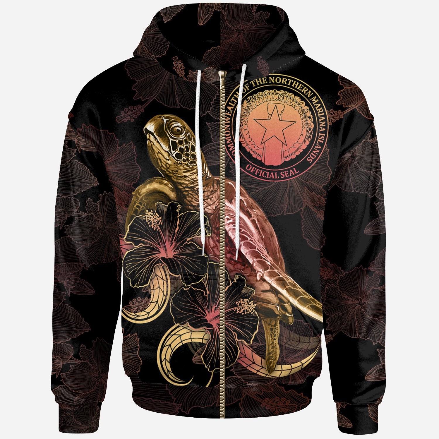 CNMI Polynesian Zip up Hoodie Turtle With Blooming Hibiscus Gold Unisex Gold - Polynesian Pride