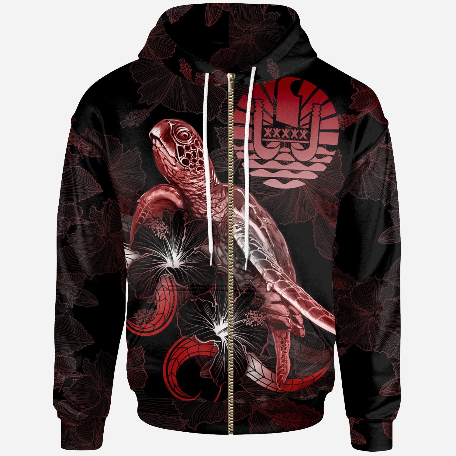 Tahiti Polynesian Zip up Hoodie Turtle With Blooming Hibiscus Red Unisex Red - Polynesian Pride