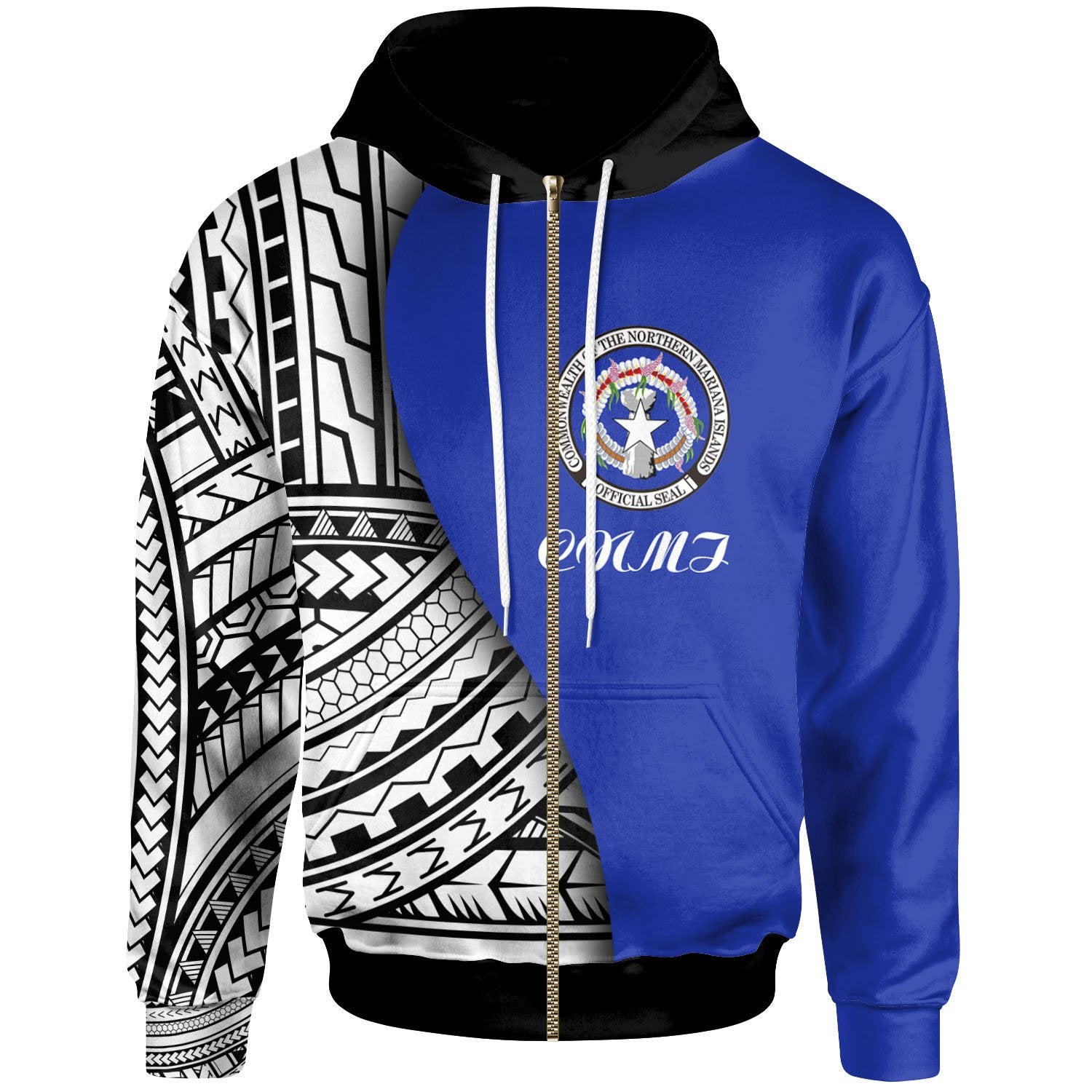 Northern Mariana Islands Zip up Hoodie Coat of Arm and Polynesian Patterns Unisex Blue - Polynesian Pride