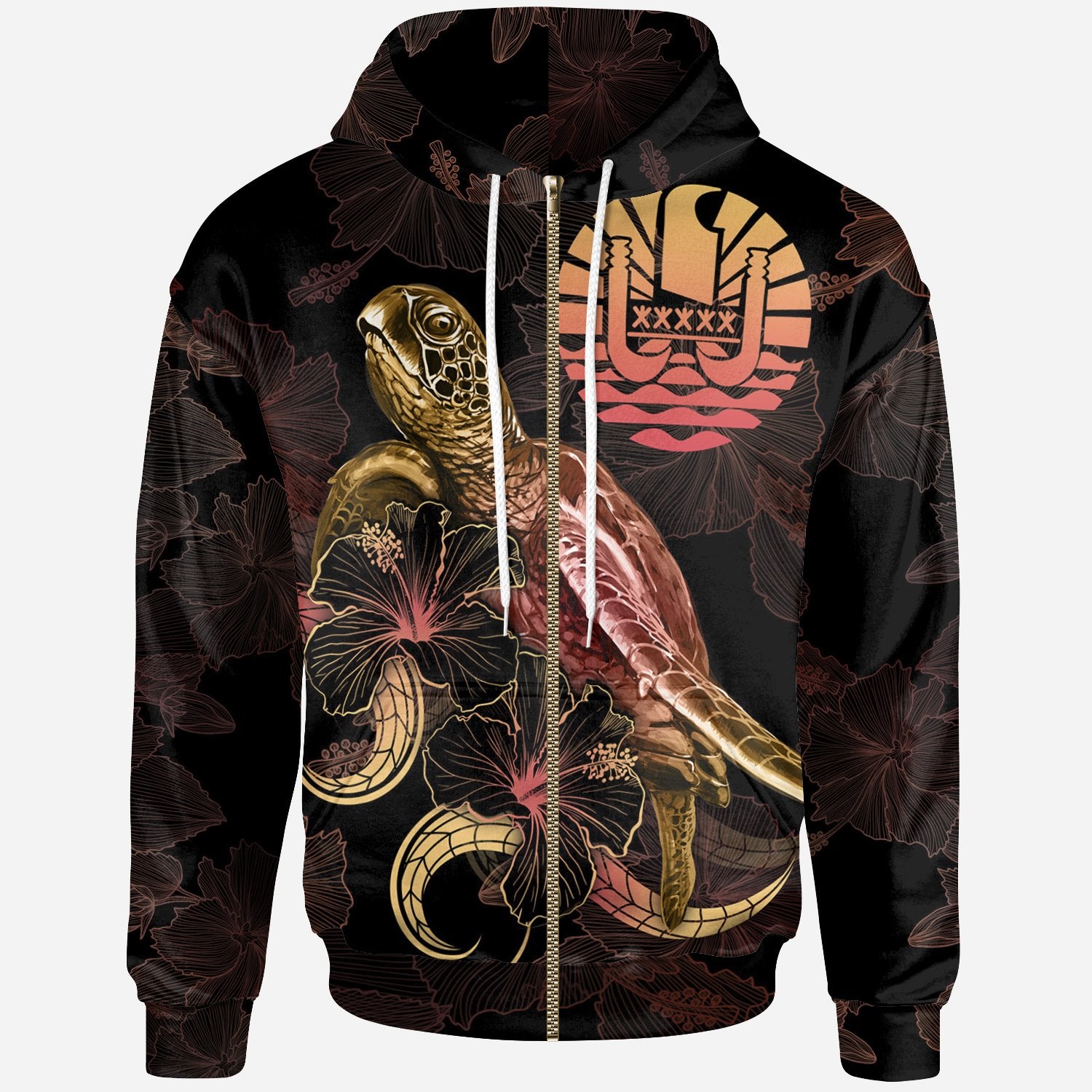 Tahiti Polynesian Zip up Hoodie Turtle With Blooming Hibiscus Gold Unisex Gold - Polynesian Pride