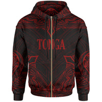 Tonga Zip up Hoodie Coat of Arms With Patterns Red Color Unisex Black - Polynesian Pride