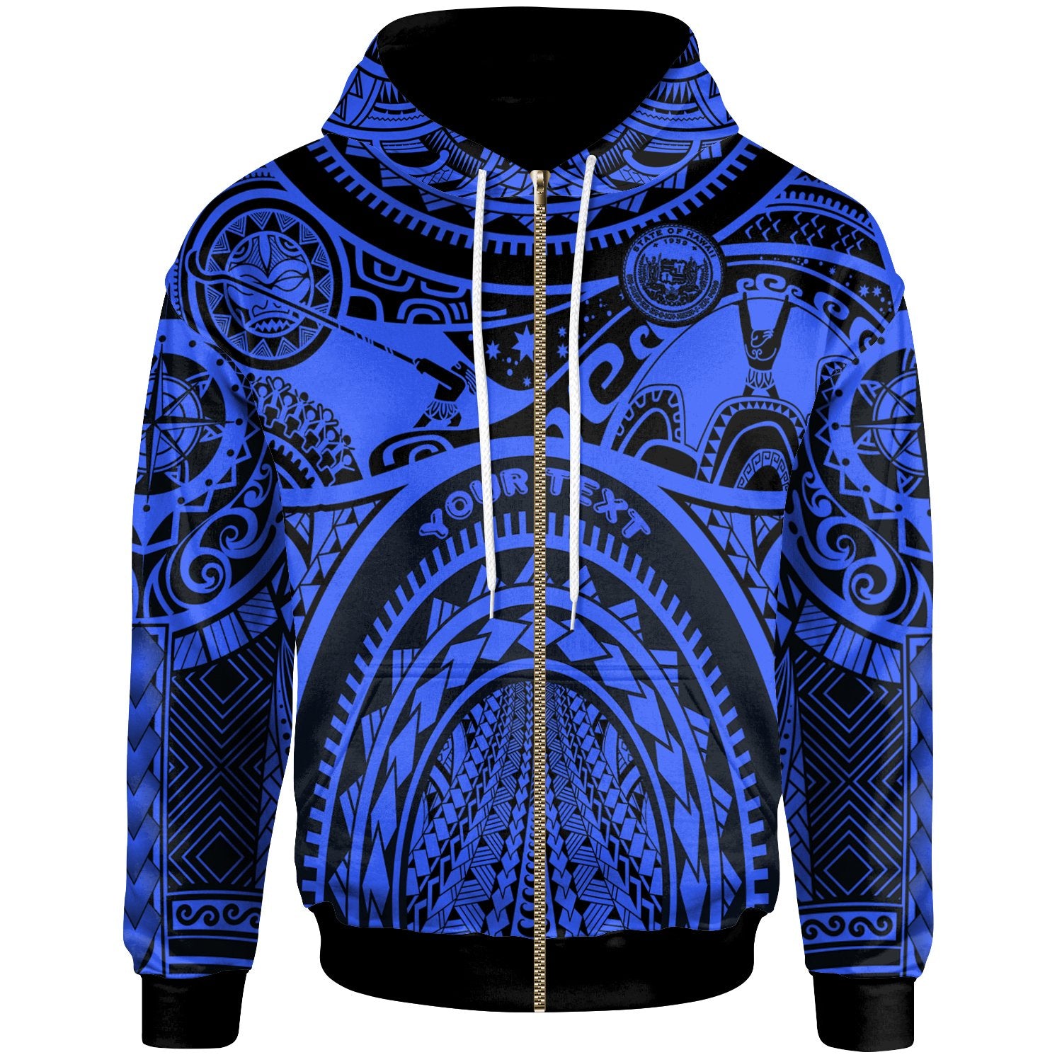 Custom Polynesian Hawaii Zip up Hoodie Coat of Arm Hawaii & Maui Tattoo Unisex Blue - Polynesian Pride