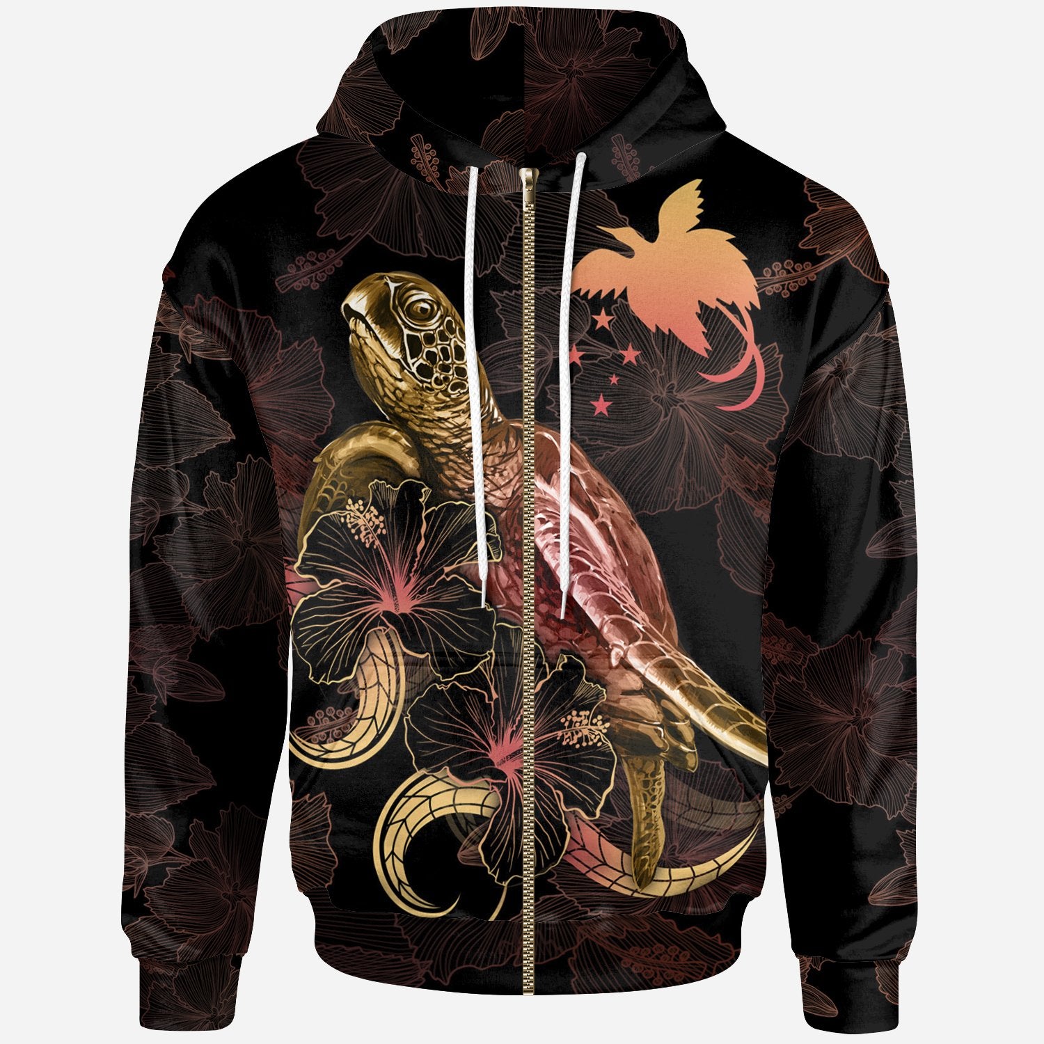 Papua New Guinea Polynesian Zip up Hoodie Turtle With Blooming Hibiscus Gold Unisex Gold - Polynesian Pride