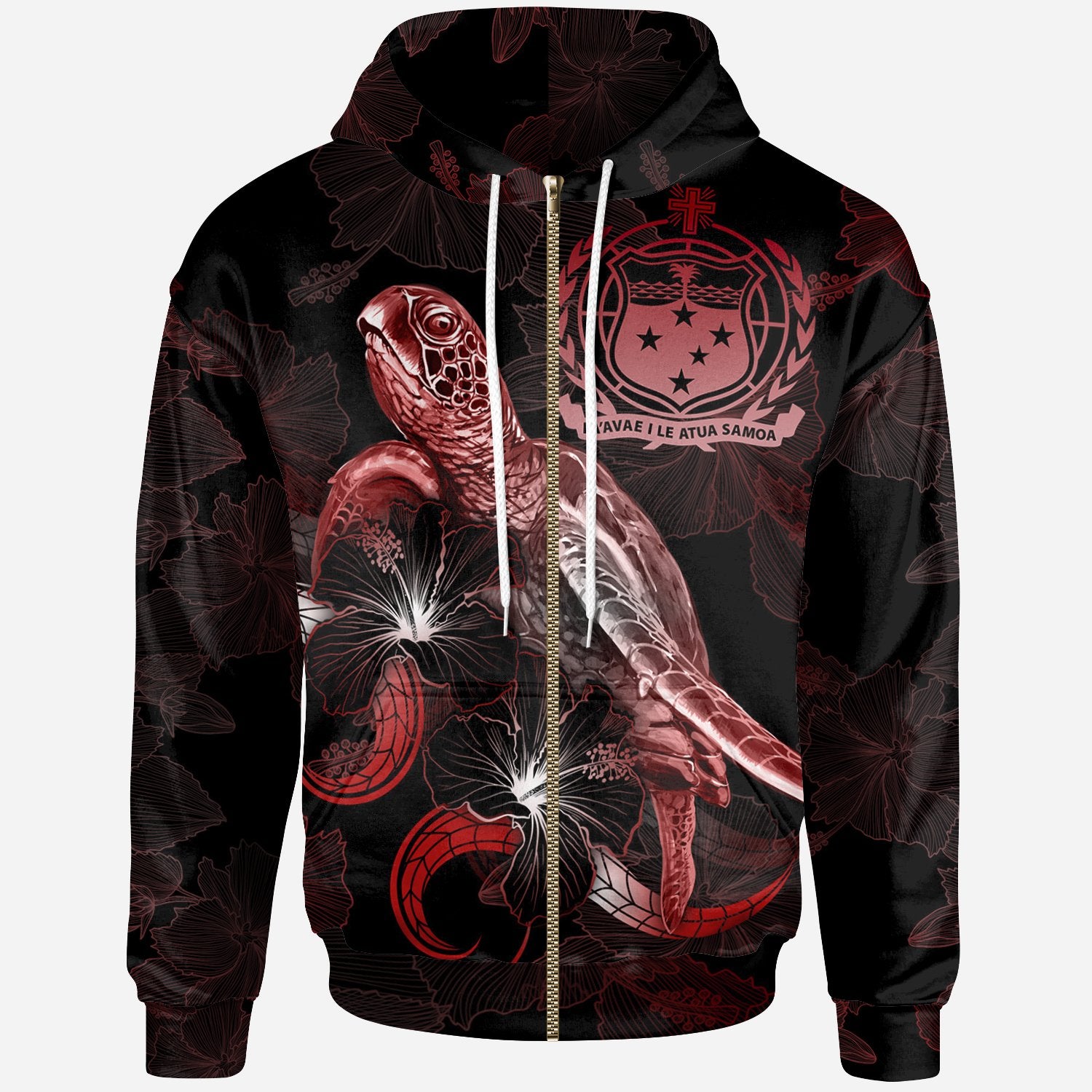 Samoa Polynesian Zip up Hoodie Turtle With Blooming Hibiscus Red Unisex Red - Polynesian Pride