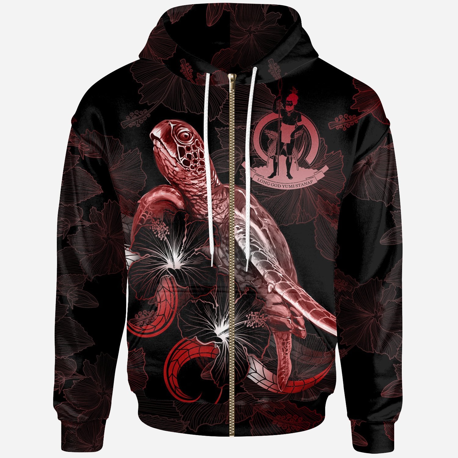 Vanuatu Polynesian Zip up Hoodie Turtle With Blooming Hibiscus Red Unisex Red - Polynesian Pride