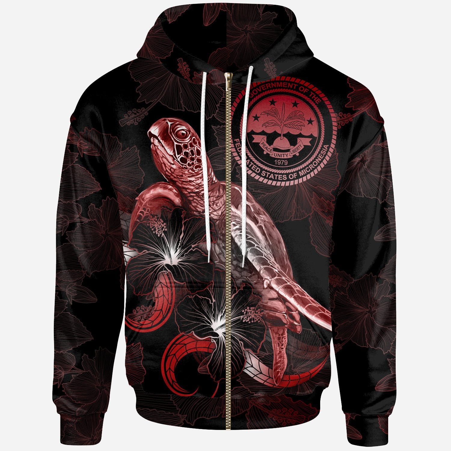 Federated States of Micronesia Polynesian Zip up Hoodie Turtle With Blooming Hibiscus Red Unisex Red - Polynesian Pride