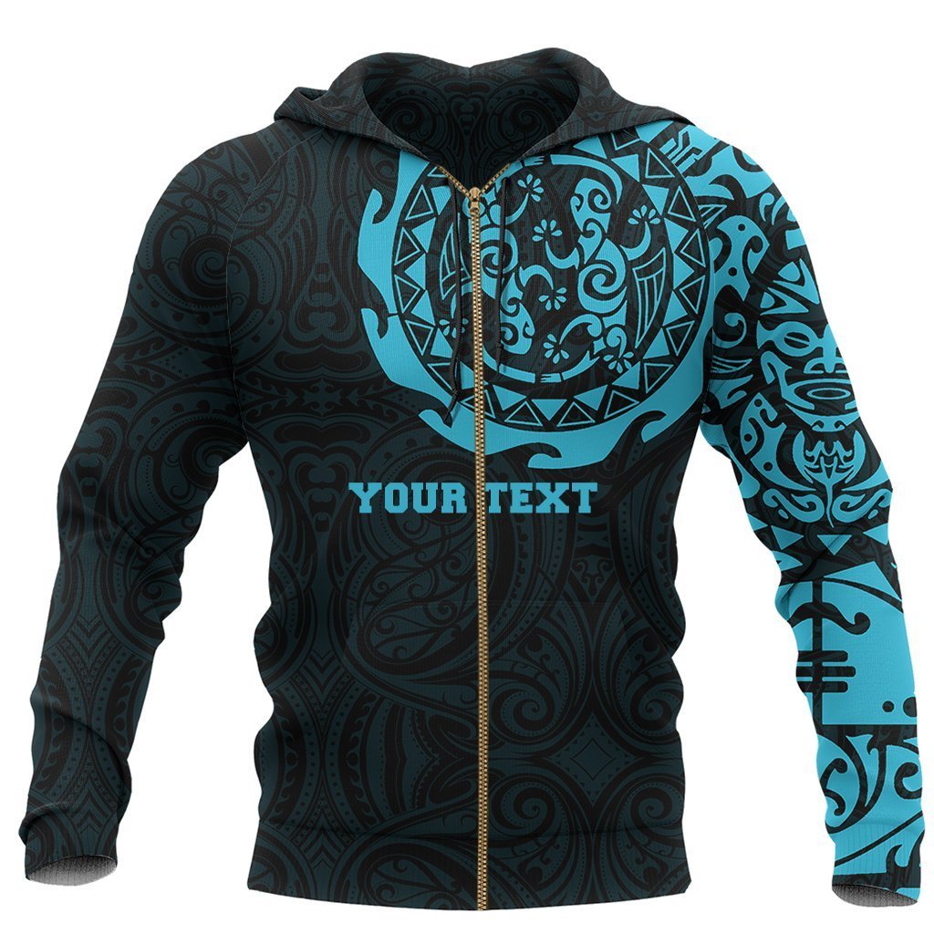 Maori Tangaroa Tattoo Zip Hoodie Customized Blue Unisex Black - Polynesian Pride