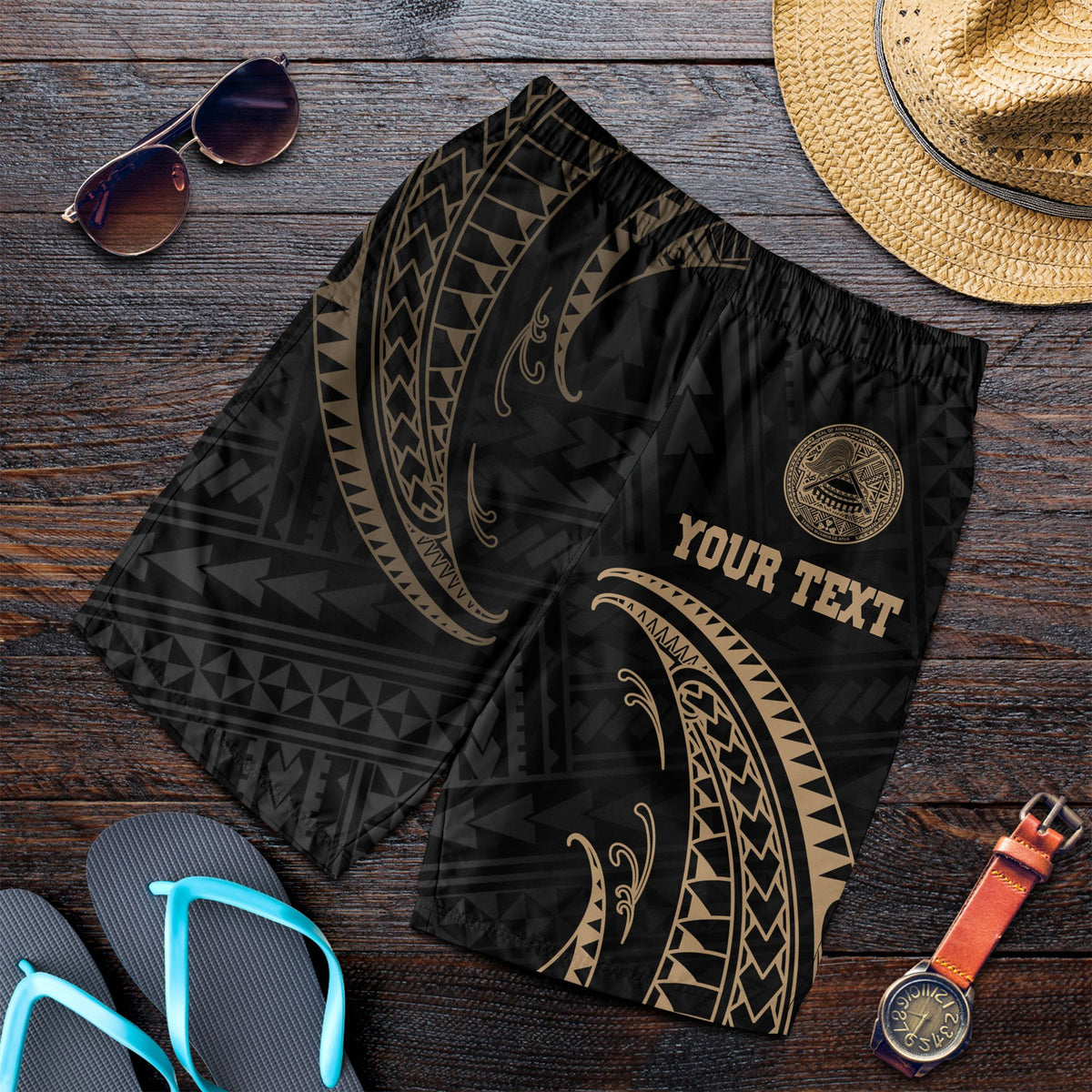 American Samoa Polynesian Custom Personalised Men's Short - Gold Tribal Wave - Polynesian Pride