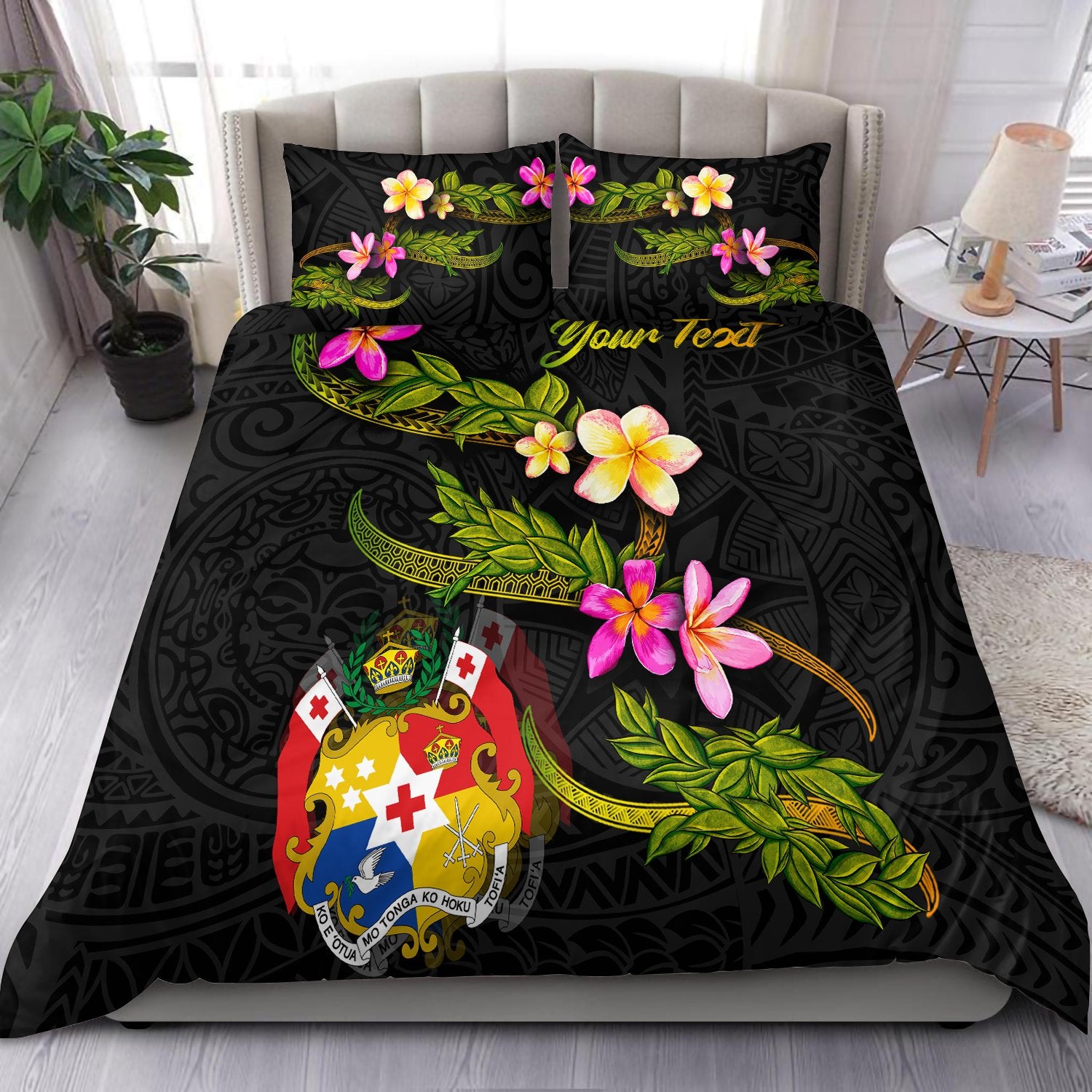 Tonga Polynesian Custom Personalised Bedding Set - Plumeria Tribal Black - Polynesian Pride