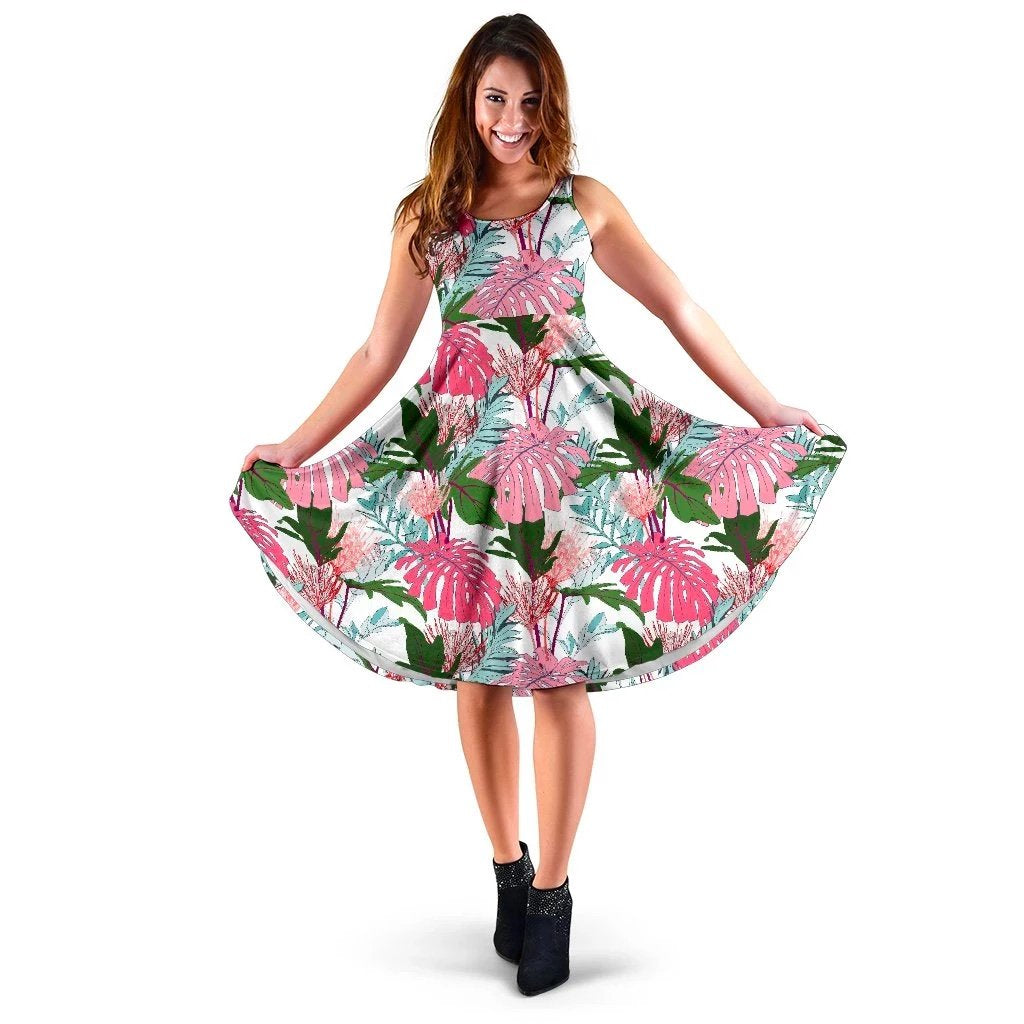 Hawaii Pink Monstera And Green Tropical Leaves White Midi Dress Midi Dress Pink - Polynesian Pride