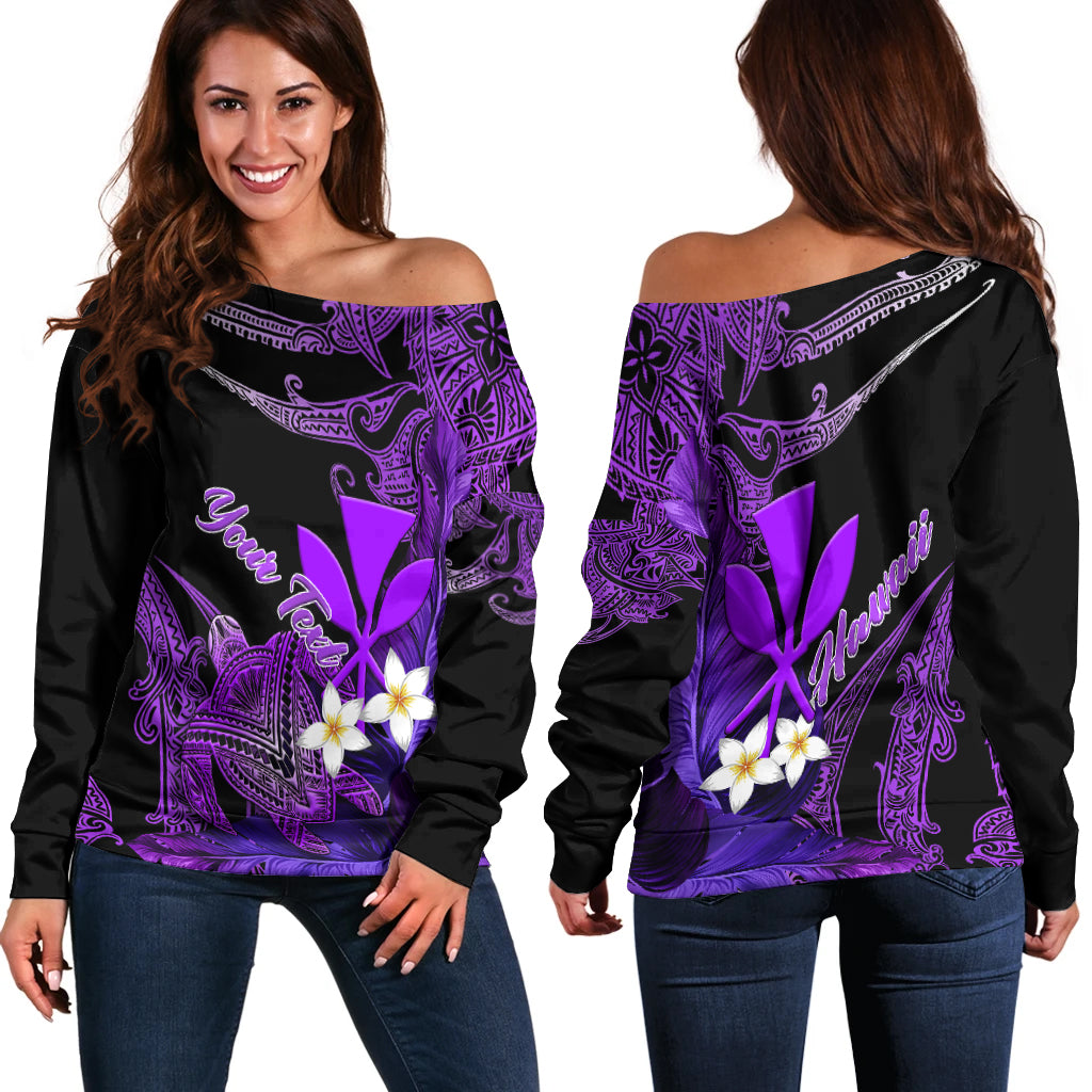 (Custom Personalised) Hawaii Turtle With Plumeria Leaf Purple Women Off Shoulder Sweater - LT12 Women Off Shoulder Sweater Black - Polynesian Pride