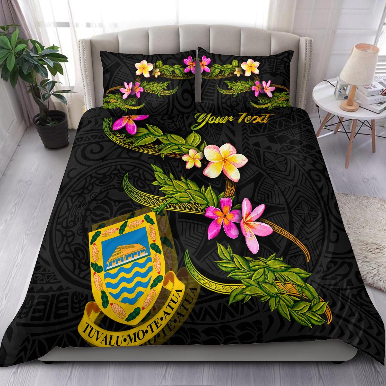 Tuvalu Polynesian Custom Personalised Bedding Set - Plumeria Tribal Black - Polynesian Pride