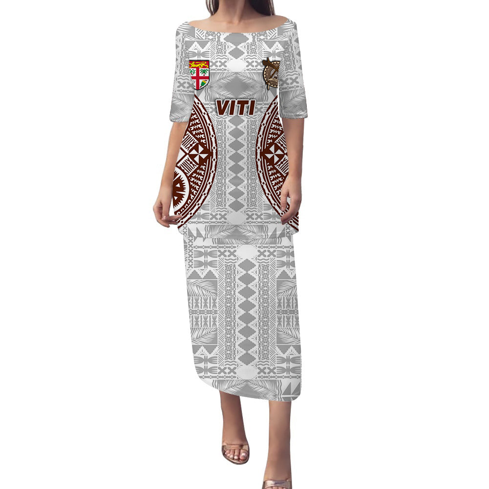 Fiji Viti Tapa Pattern Puletasi Dress - LT12 Long Dress White - Polynesian Pride