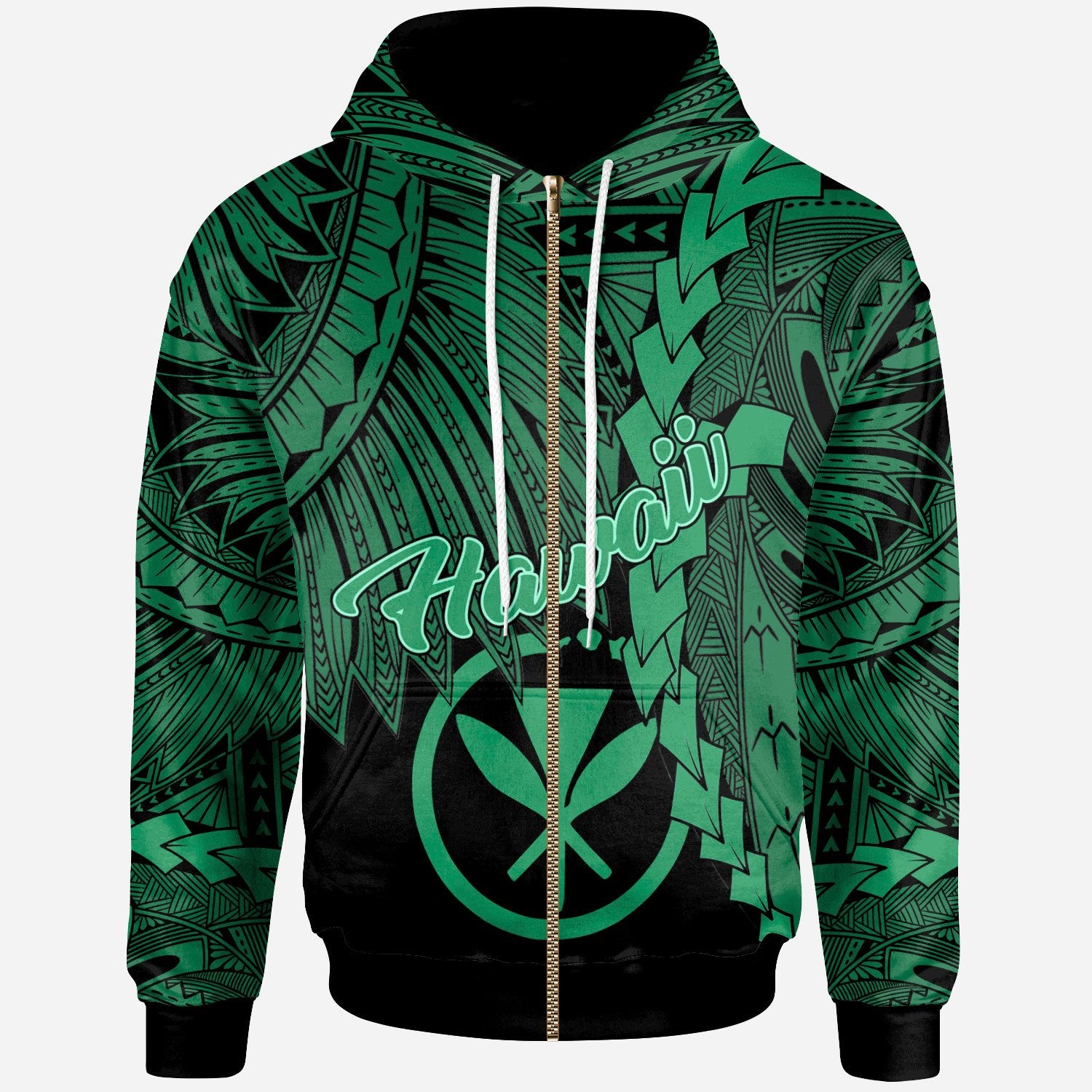 Polynesian Hawaii Zip up Hoodie Tribal Wave Tattoo Green Unisex Green - Polynesian Pride