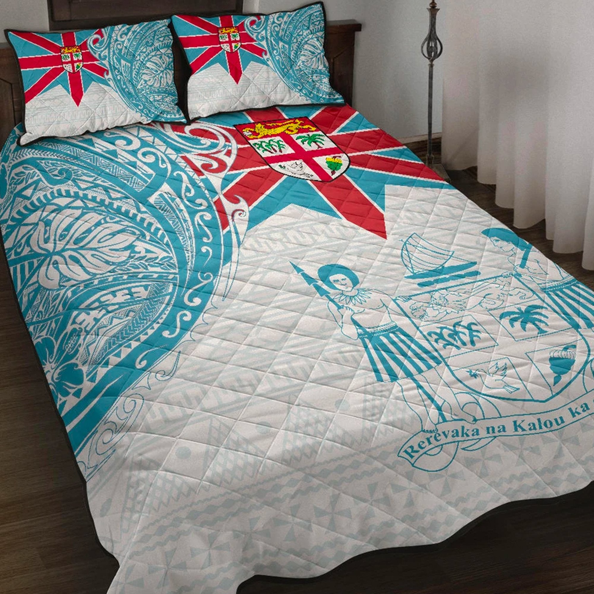 Fiji Polynesian Quilt Bed Set - Fiji Flag with Coat of Arms Blue - Polynesian Pride