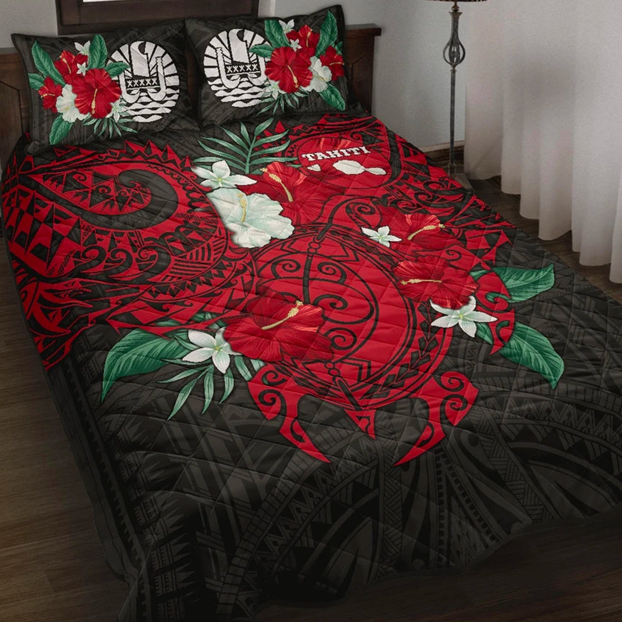 Tahiti Polynesian Quilt Bed Set - Hibiscus and Sea Turtle (Red) Red - Polynesian Pride