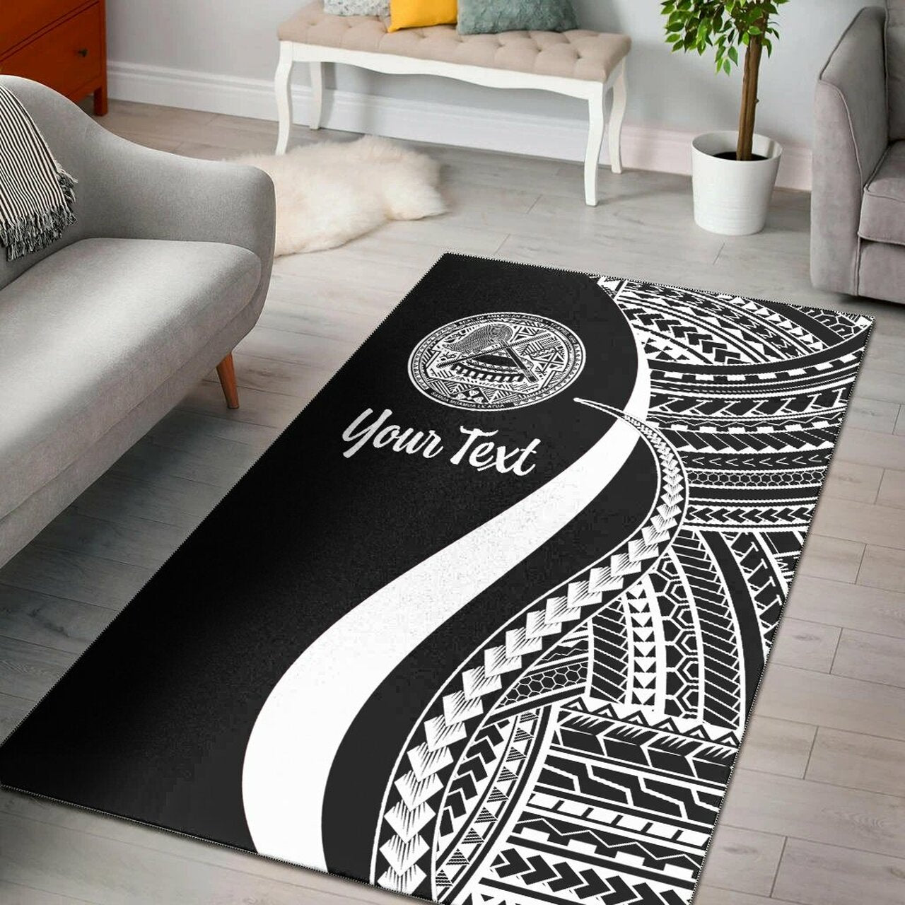 American Samoa Custom Personalised Area Rug - White Polynesian Tentacle Tribal Pattern Black - Polynesian Pride