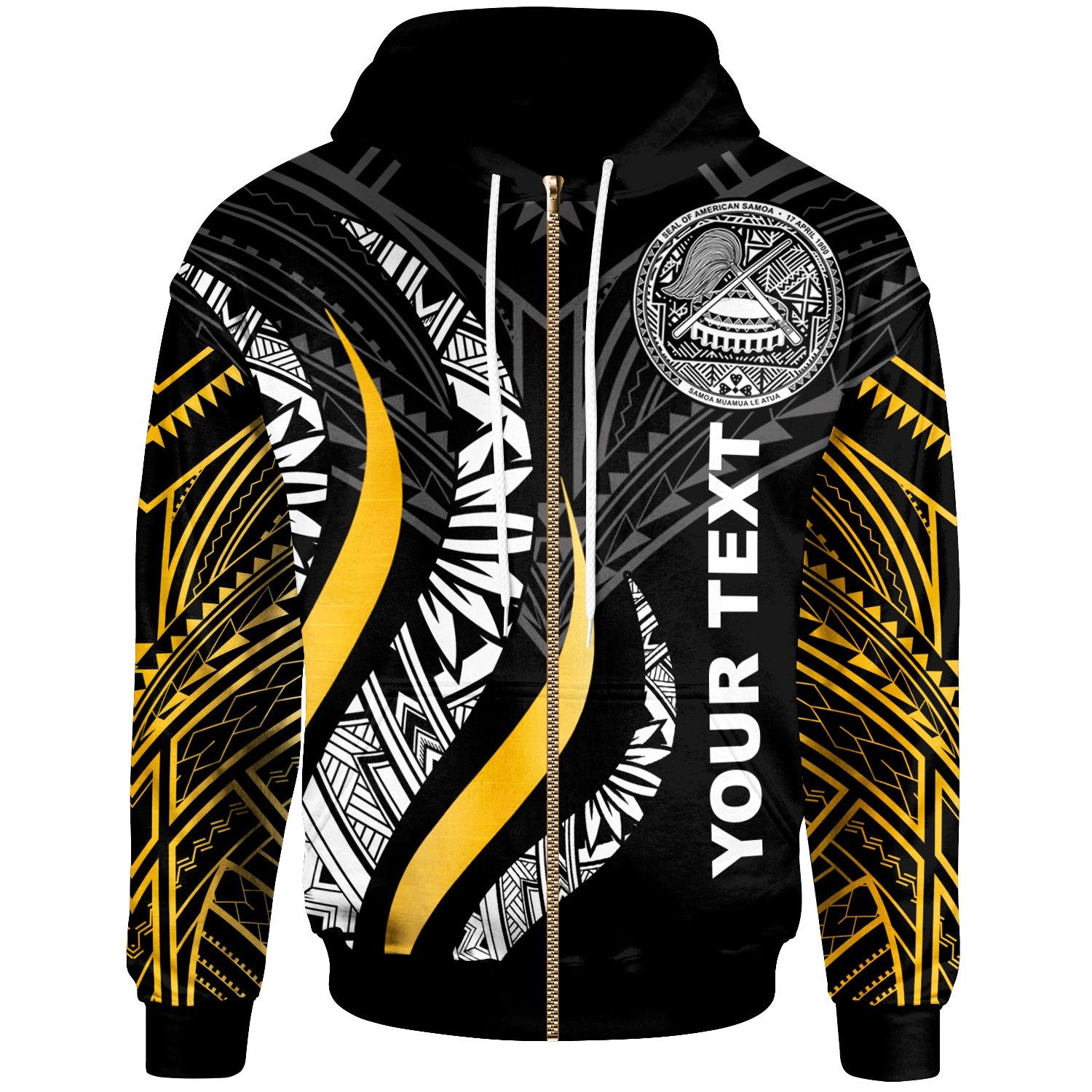 American Samoa Custom Zip Hoodie American Samoa Strong Fire Pattern Unisex Gold - Polynesian Pride