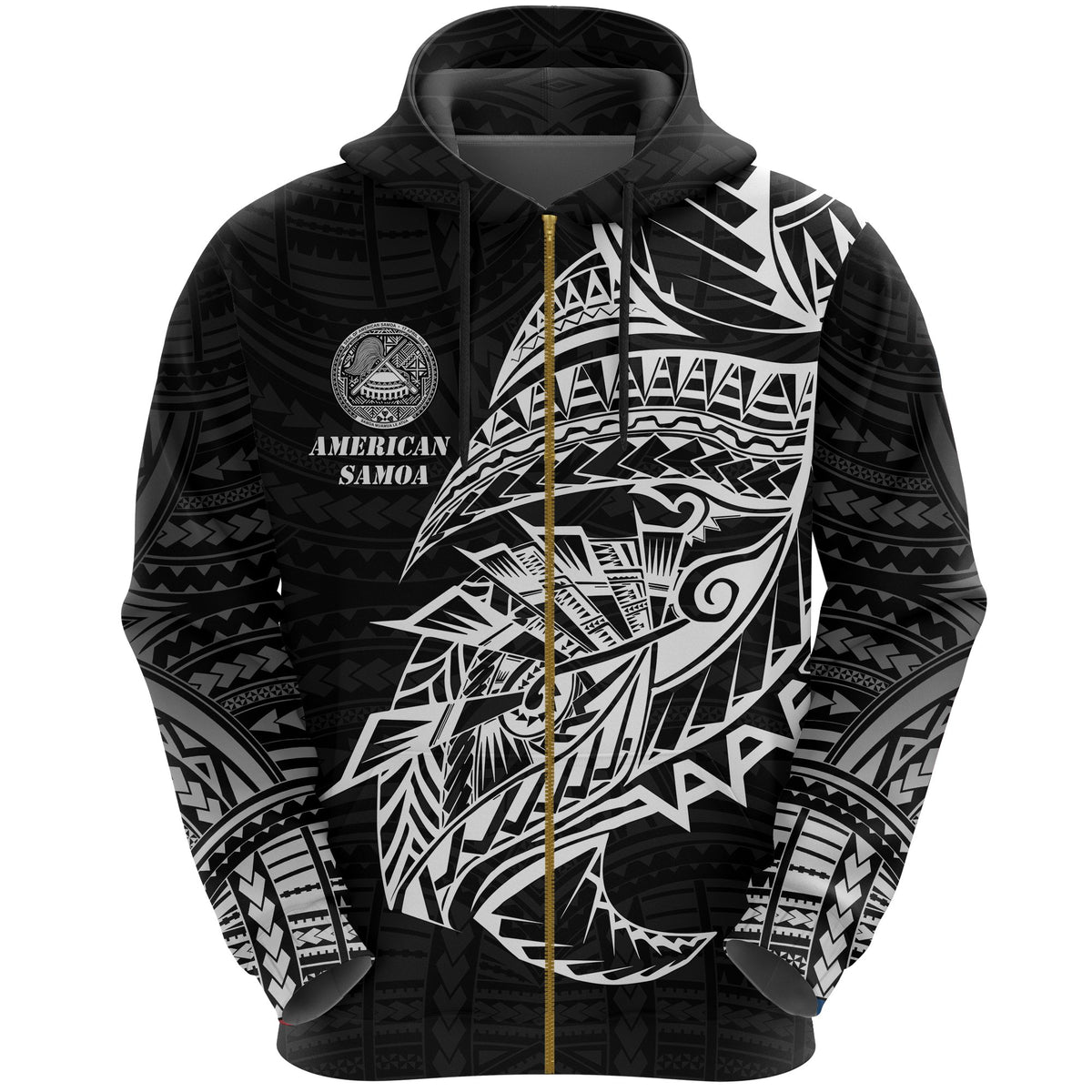 American Samoa Tattoo Zip Hoodie Polynesian Style Unisex Black - Polynesian Pride