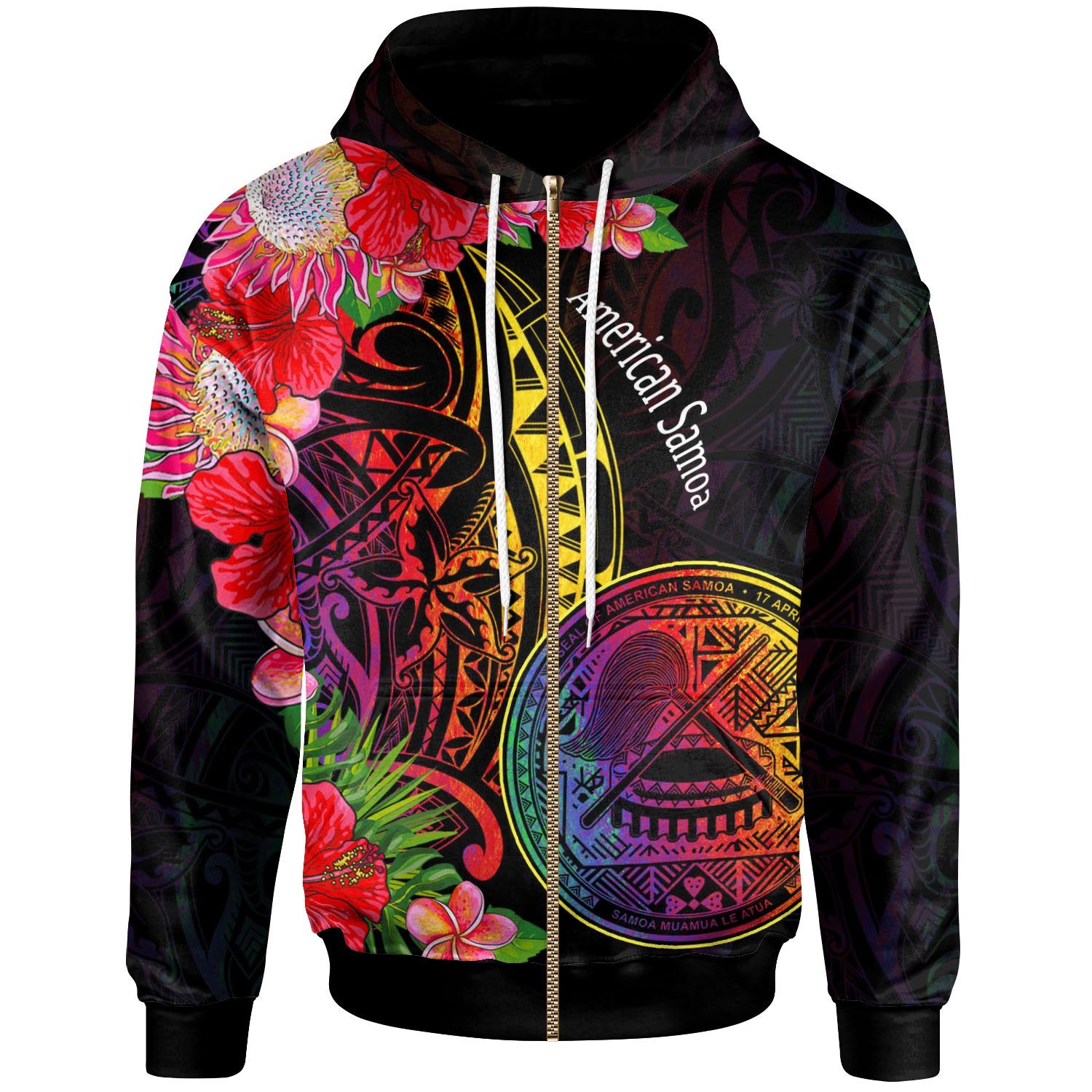 American Samoa Zip Hoodie Tropical Hippie Style Unisex Black - Polynesian Pride