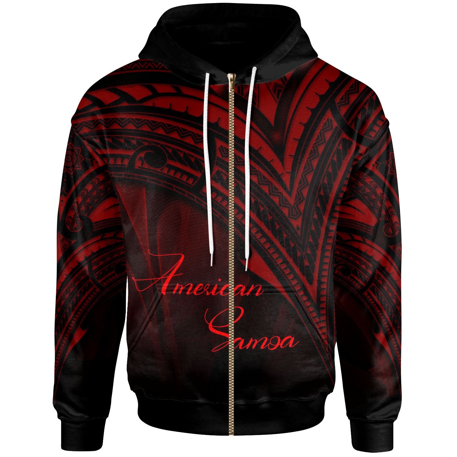 American Samoa Zip Hoodie Red Color Cross Style Unisex Black - Polynesian Pride