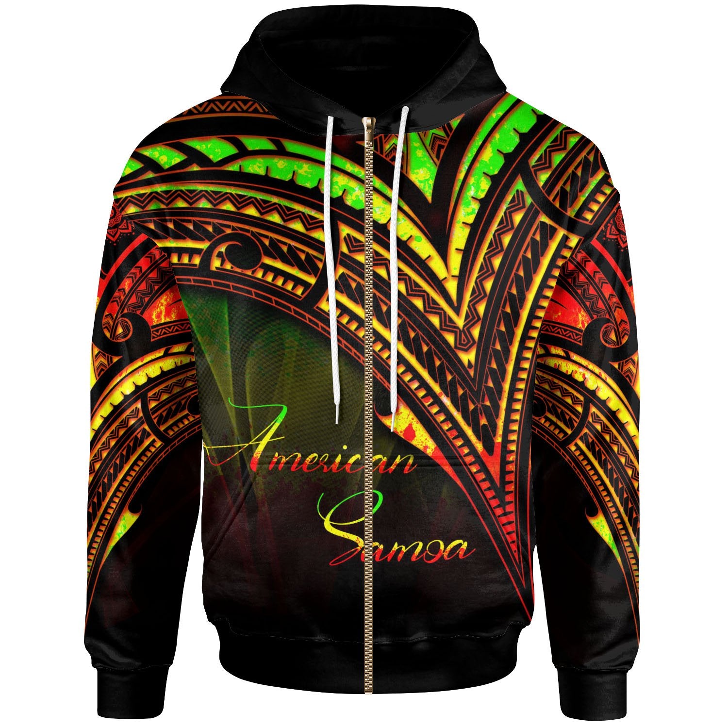 American Samoa Zip Hoodie Reggae Color Cross Style Unisex Black - Polynesian Pride