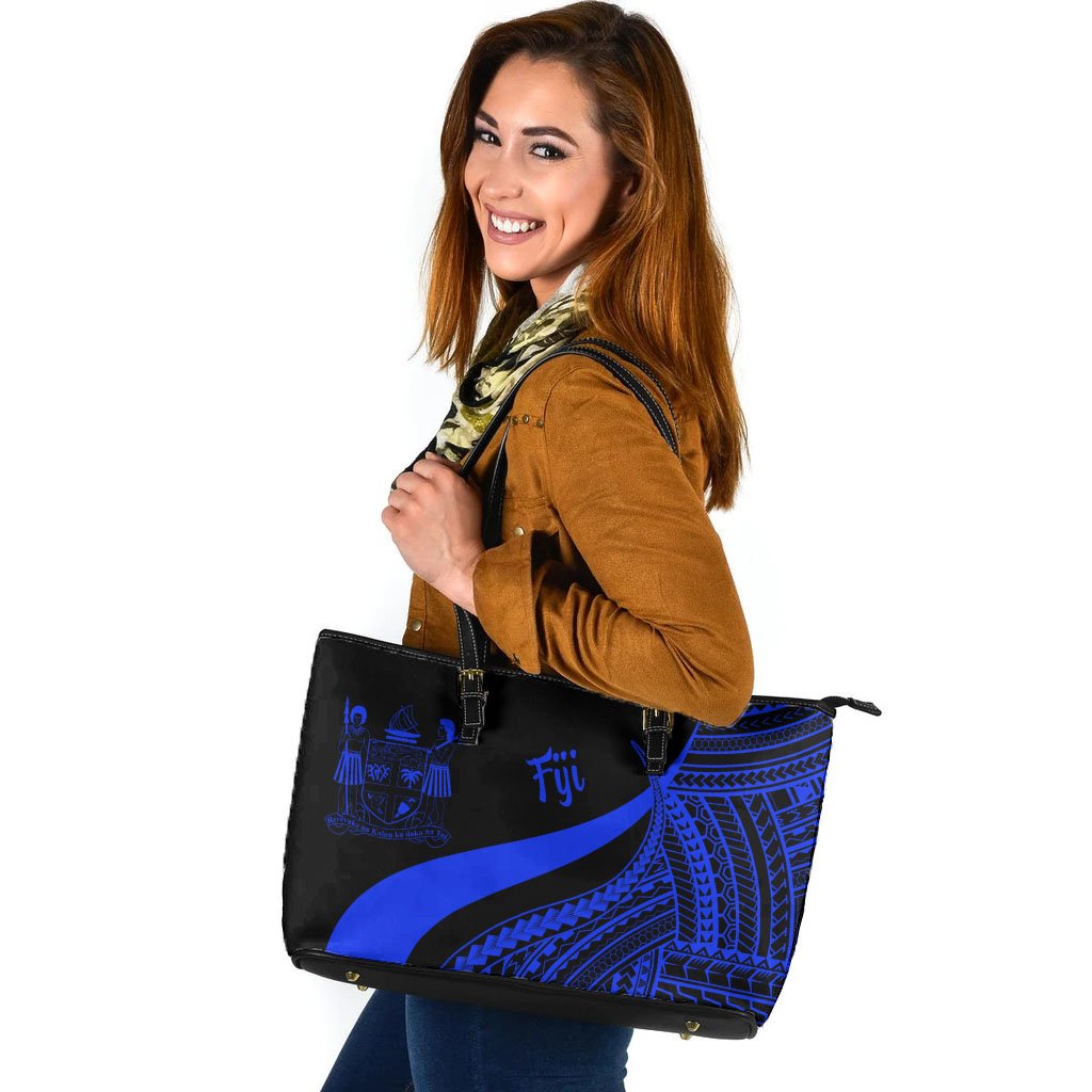 Fiji Large Leather Tote Bag - Blue Polynesian Tentacle Tribal Pattern Crest Blue - Polynesian Pride