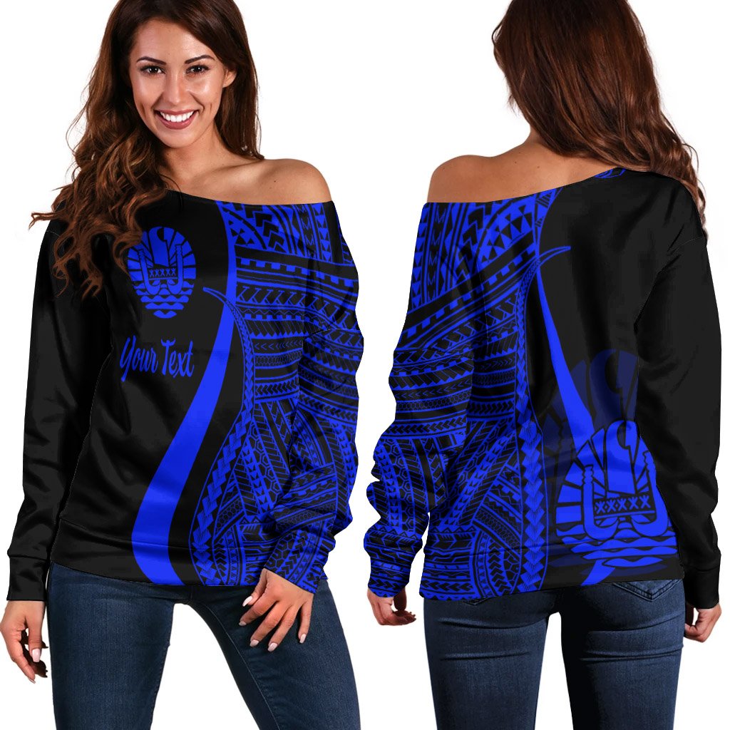 Tahiti Custom Personalised Women's Off Shoulder Sweater - Blue Polynesian Tentacle Tribal Pattern Blue - Polynesian Pride