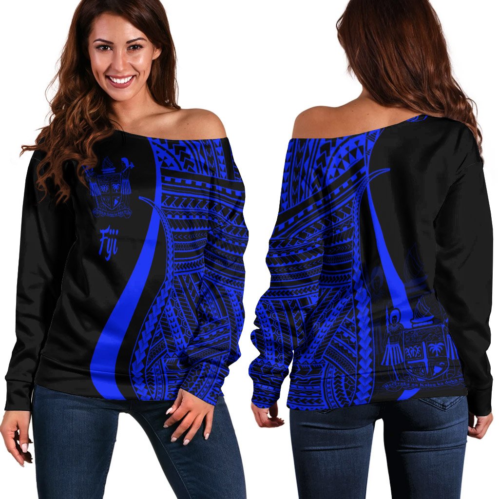 Fiji Women's Off Shoulder Sweater - Blue Polynesian Tentacle Tribal Pattern Crest Blue - Polynesian Pride