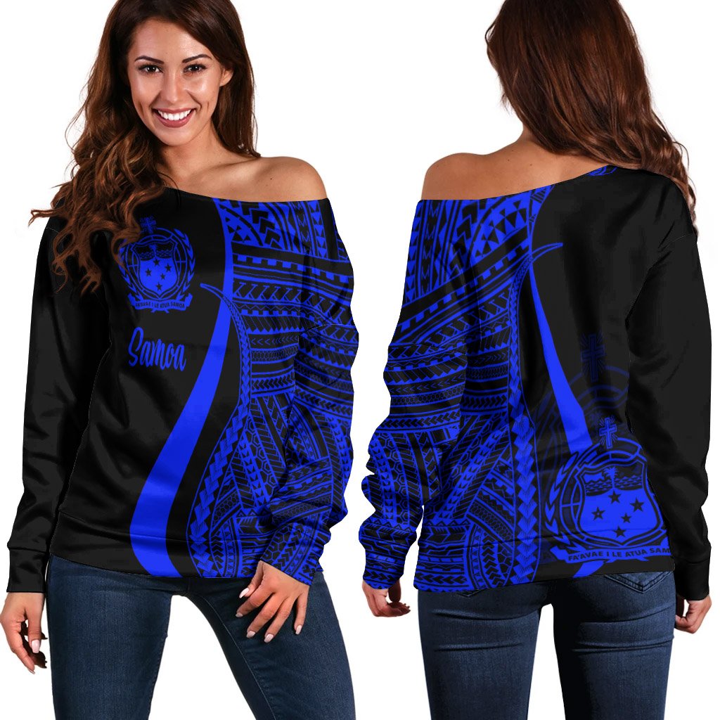 Samoa Women's Off Shoulder Sweater - Blue Polynesian Tentacle Tribal Pattern Blue - Polynesian Pride