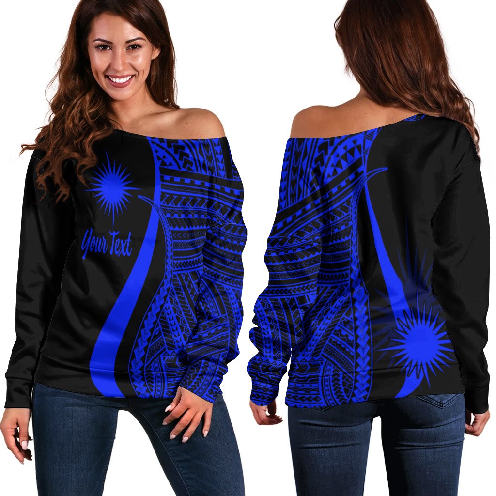 Marshall Islands Custom Personalised Women's Off Shoulder Sweater - Blue Polynesian Tentacle Tribal Pattern Blue - Polynesian Pride