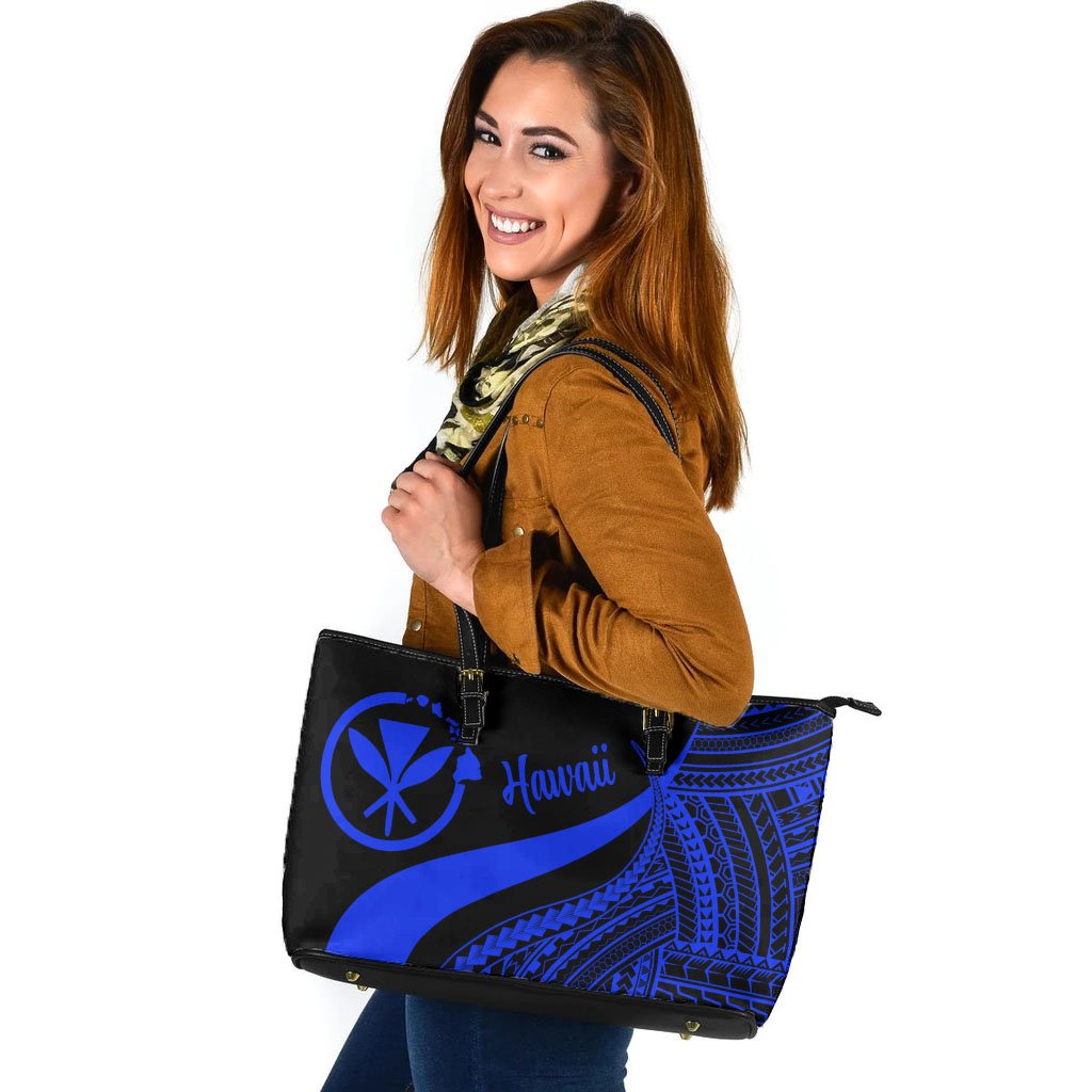 Hawaii Large Leather Tote Bag - Blue Polynesian Tentacle Tribal Pattern Blue - Polynesian Pride