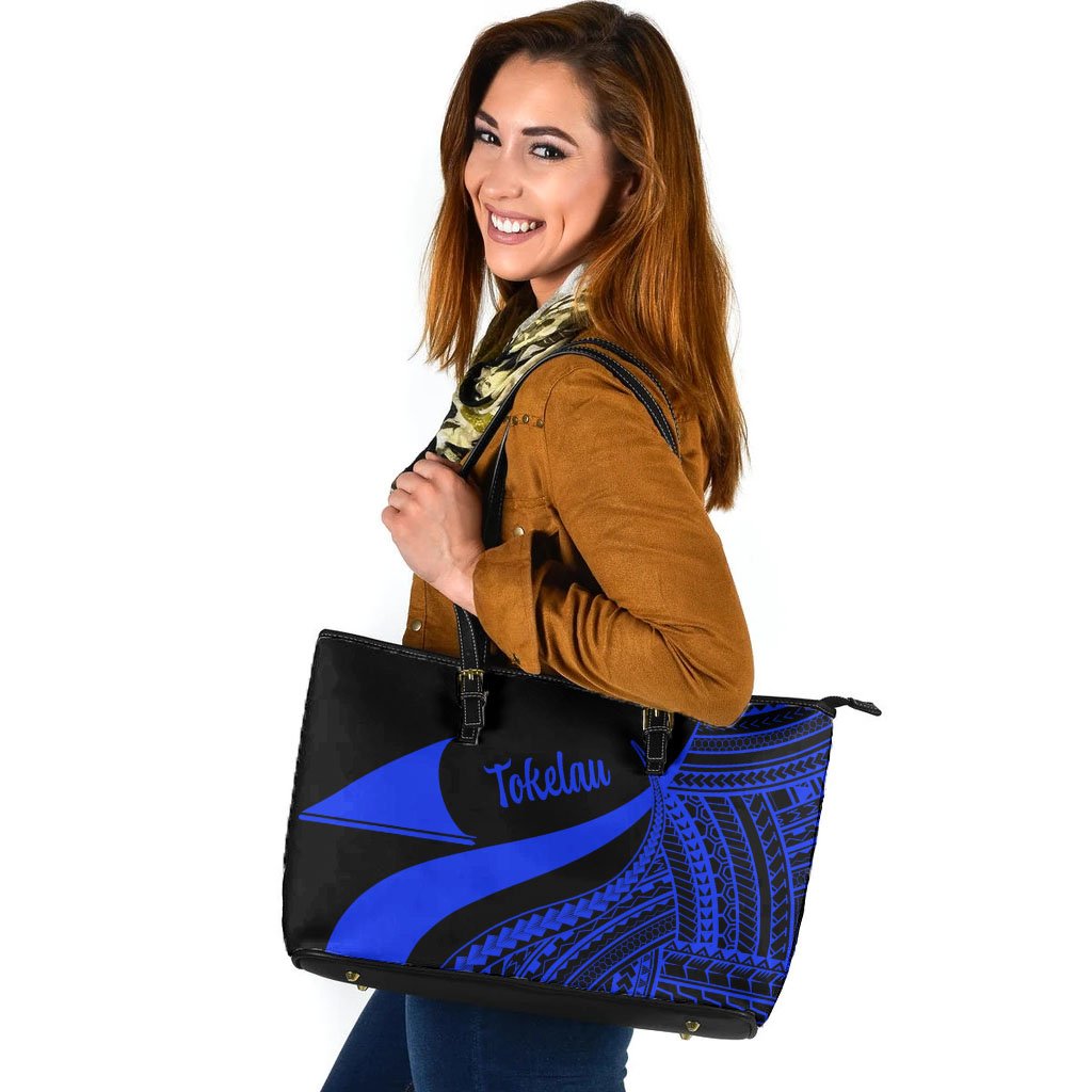 Tokelau Large Leather Tote Bag - Blue Polynesian Tentacle Tribal Pattern Blue - Polynesian Pride