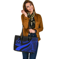 Vanuatu Large Leather Tote Bag - Blue Polynesian Tentacle Tribal Pattern - Polynesian Pride