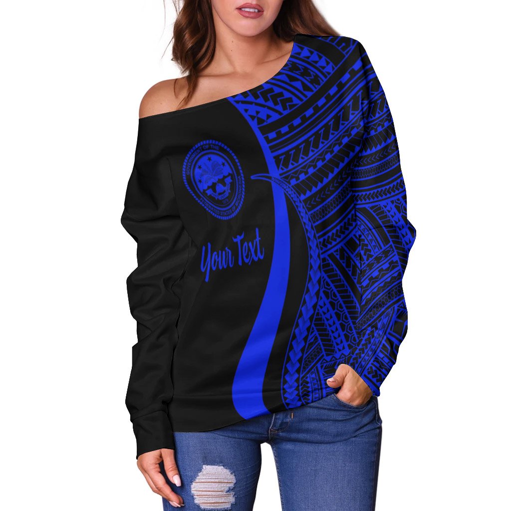 Federated States of Micronesia Custom Personalised Women's Off Shoulder Sweater - Blue Polynesian Tentacle Tribal Pattern - Polynesian Pride