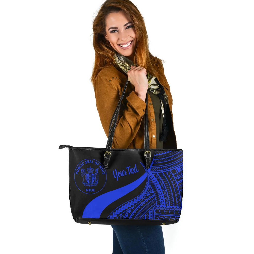 Niue Custom Personalised Large Leather Tote Bag - Blue Polynesian Tentacle Tribal Pattern - Polynesian Pride