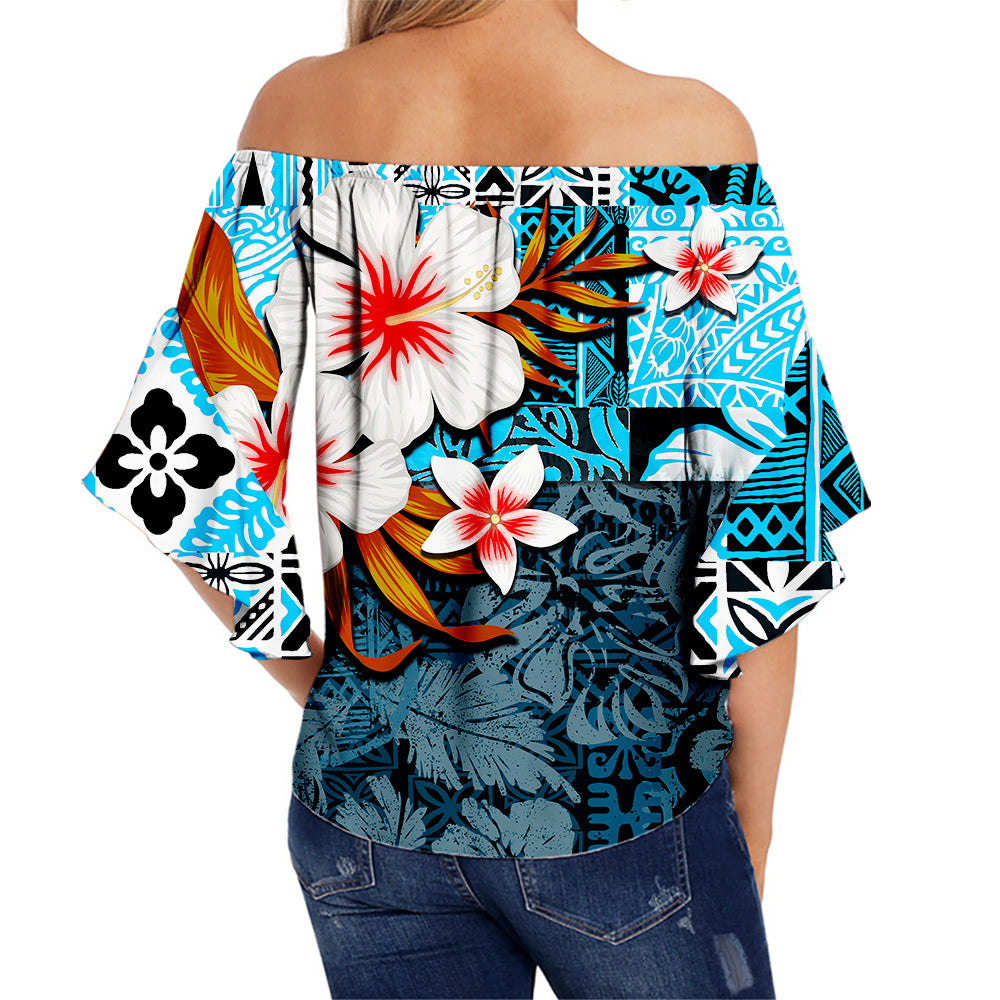 Hawaii Shark Off Shoulder Waist Wrap Top Blue Style LT6 - Polynesian Pride