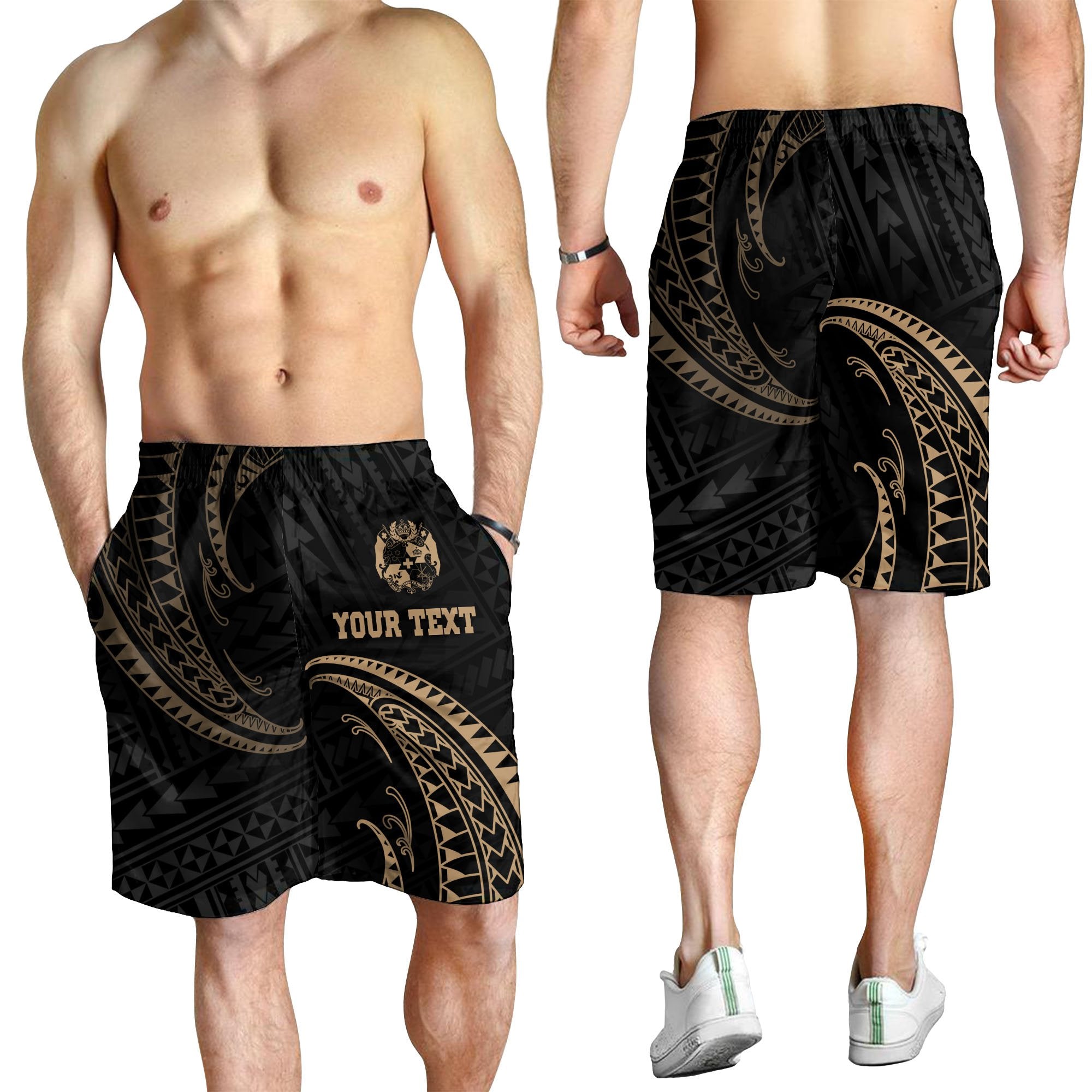 Tonga Polynesian Custom Personalised Men's Short - Gold Tribal Wave - Polynesian Pride