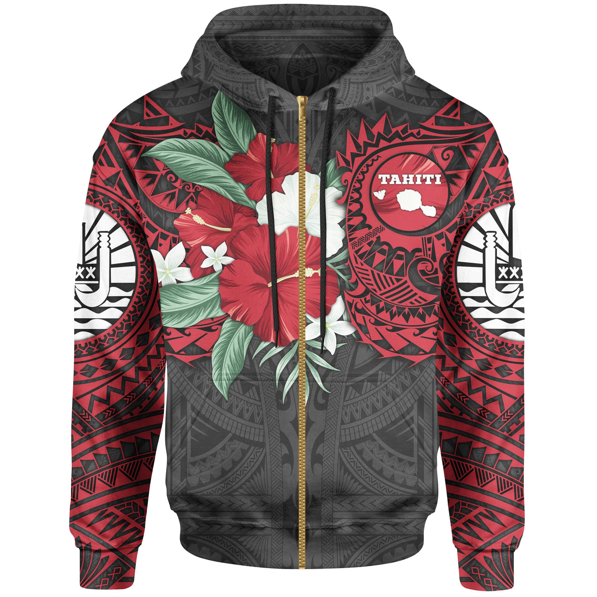 Tahiti Polynesian Zip up Hoodie Hibiscus and Sea Turtle (Red) Unisex Red - Polynesian Pride